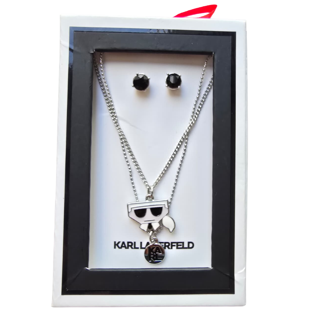 Set Karl Lagerfeld Original Collar Doble con Dije Ikonik Karl + Aretes Negros para Mujer