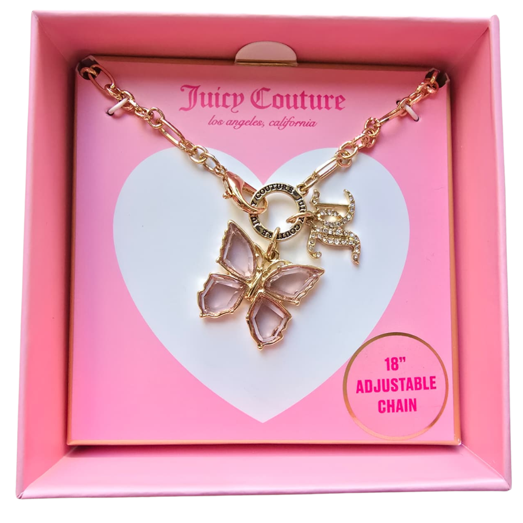 Collar Juicy Couture Original Mariposa Rosa con Cristales y Cadena Ajustable Dorada