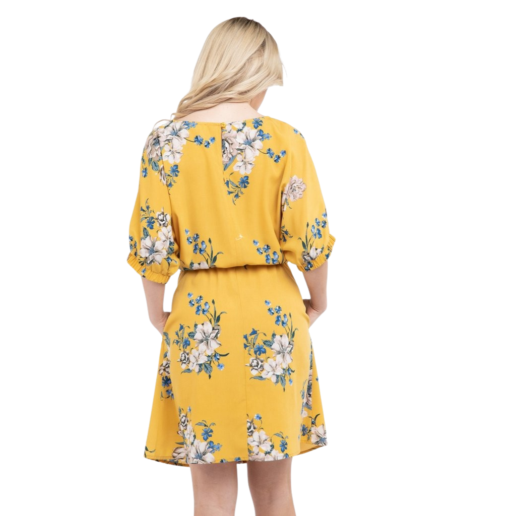 Vestido amarillo floral con cinturón ajustable