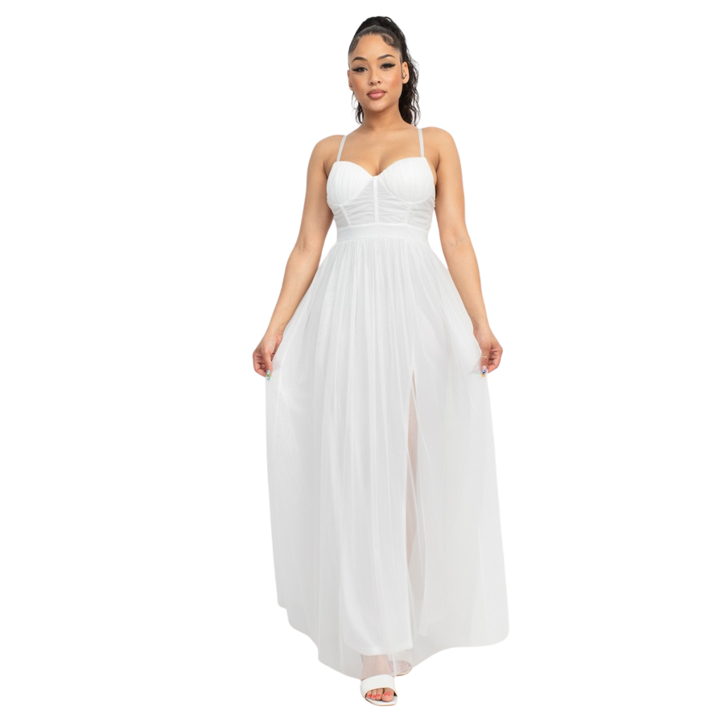 Vestido largo blanco con corset y doble abertura