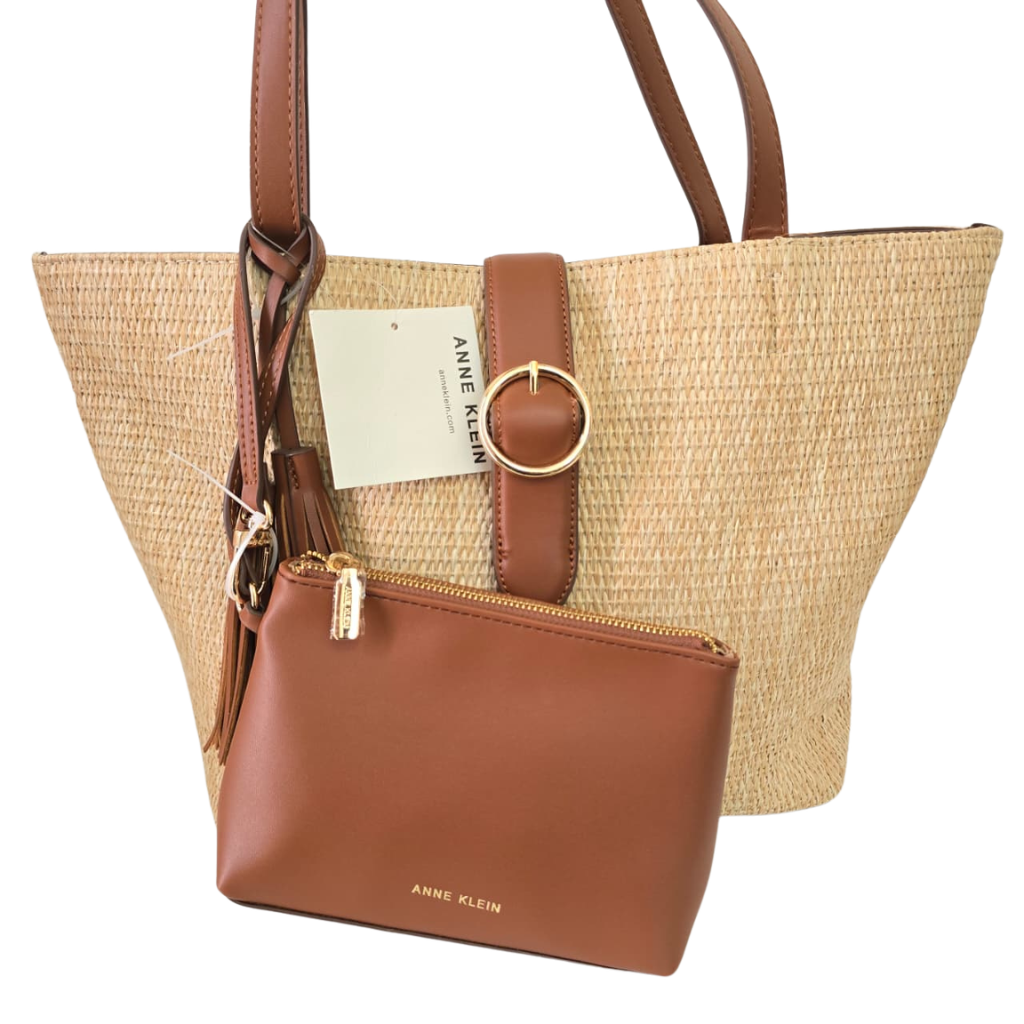 Bolsa Tote Anne Klein Tejida Beige con Pouch Café