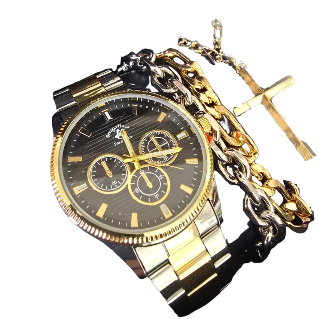 Set Beverly Hills Polo Club para Hombre con Reloj Bicolor, Pulseras y Collar con Cruz