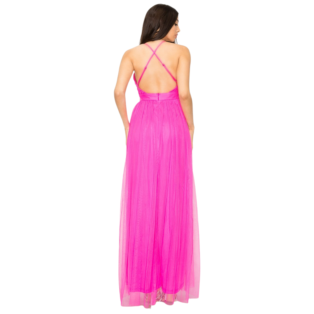Vestido Largo Rosa Fucsia con Encaje y Abertura