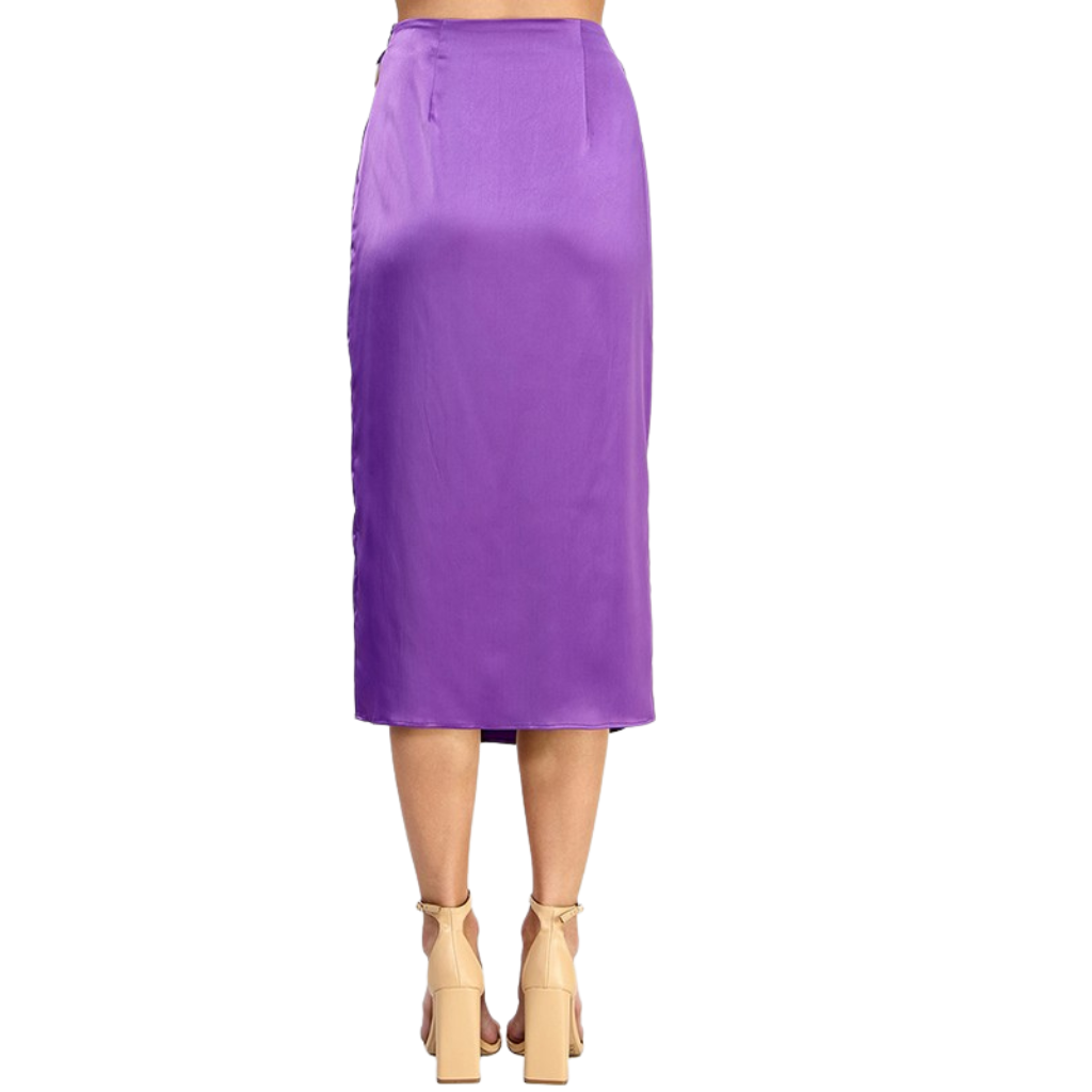 Falda midi morada satinada con drapeado