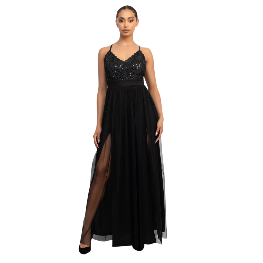 Vestido Largo Negro con Encaje y Tul