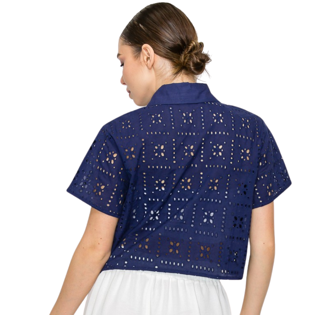 Blusa Azul Bordada Tipo Eyelet Manga Corta Elegante