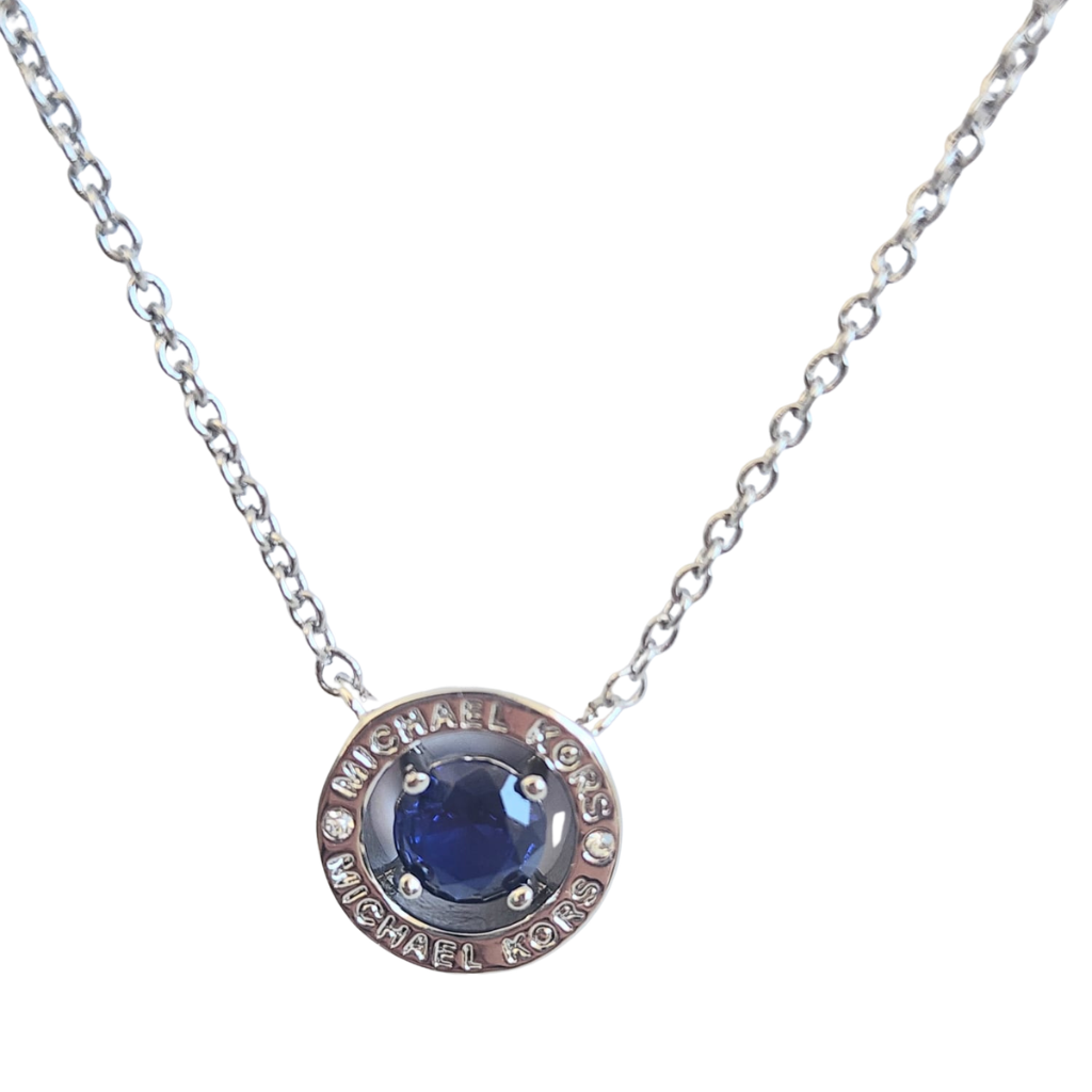 Collar Michael Kors Plateado con Dije Circular y Piedra Azul Elegante