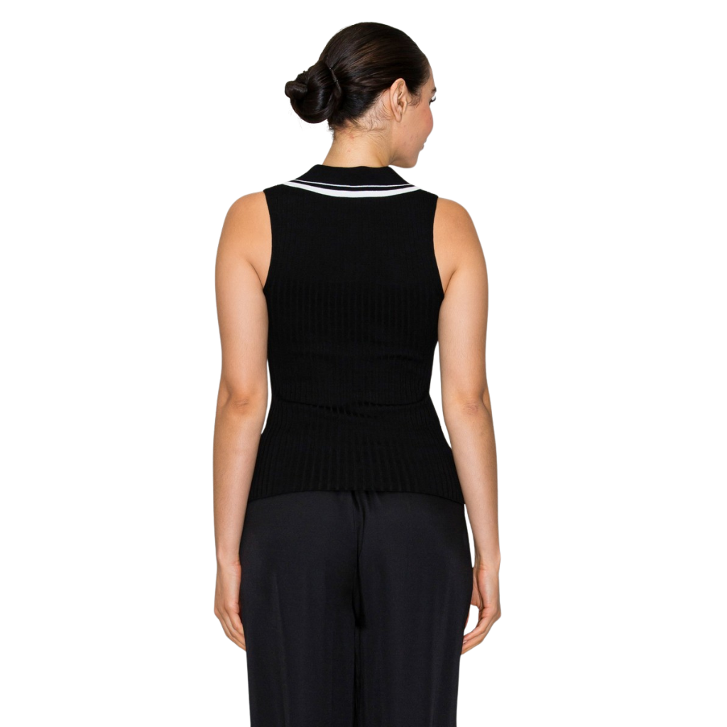 Blusa Negra Tejida Sin Manga Cuello Tipo Polo