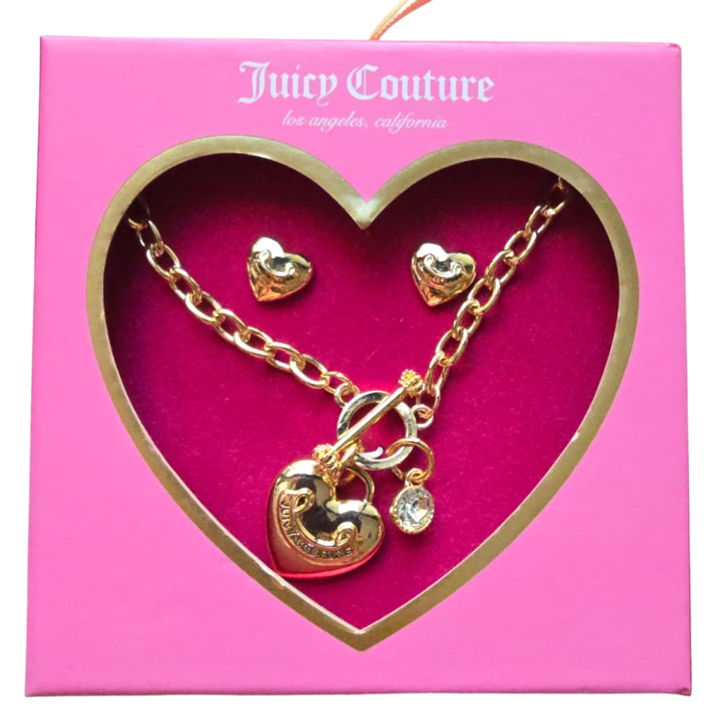 Set Juicy Couture Original Collar con Dije de Corazón y Cristal + Aretes Dorados para Mujer
