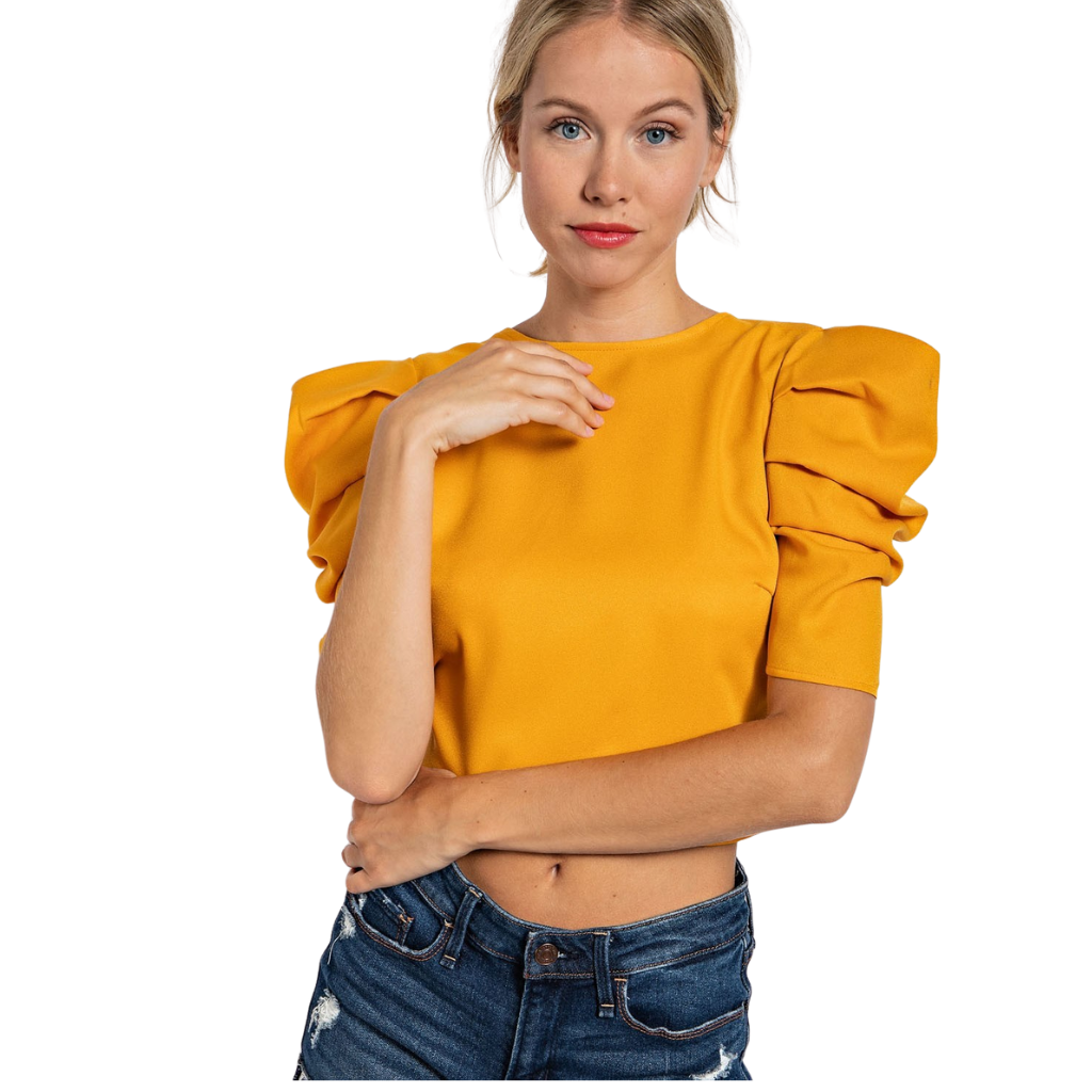 Crop top mostaza con mangas abullonadas y moño en espalda