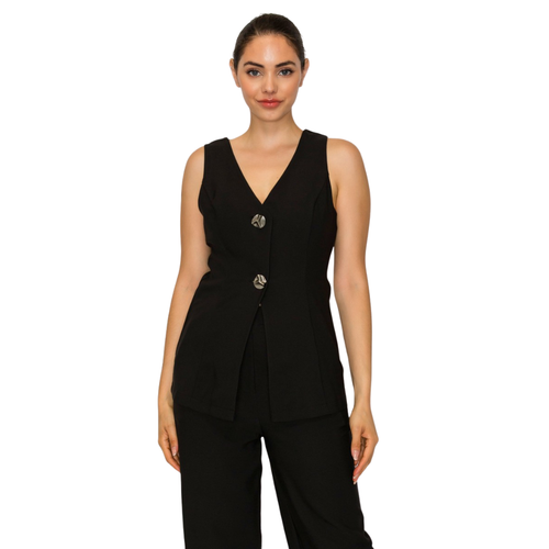 Blusa Negra Elegante sin Manga con Botones Metálicos