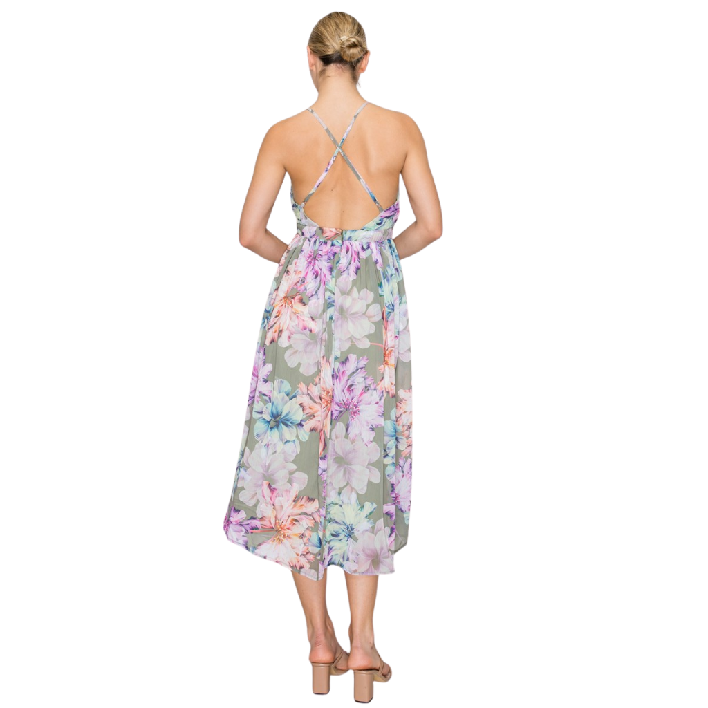 Vestido Midi Floral Tirantes Cruzados Espalda Descubierta