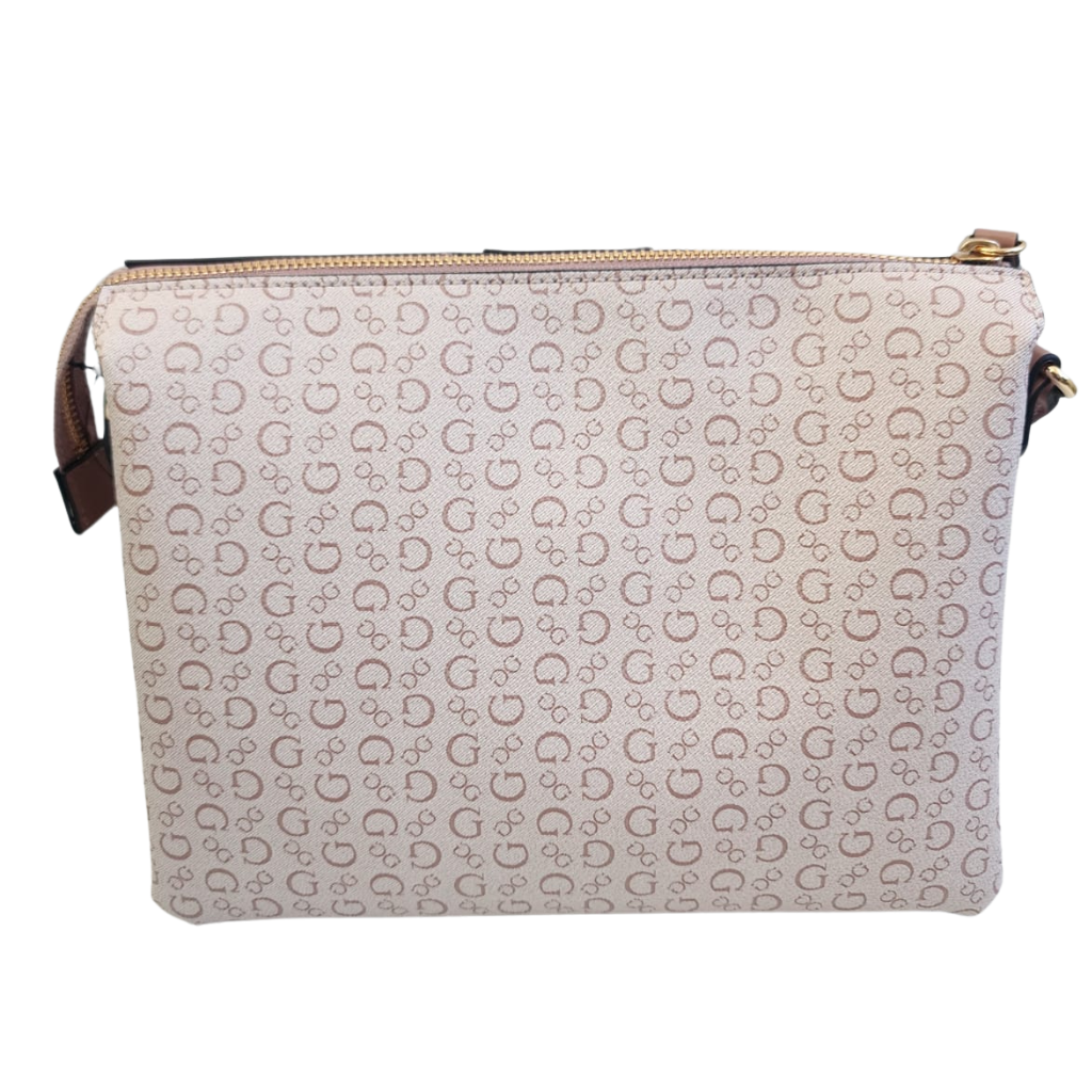 Bolsa Guess crossbody monograma beige / rosa con cadena dorada