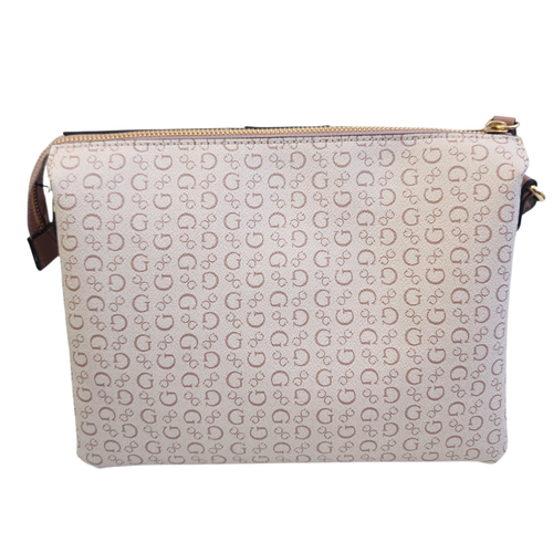 Bolsa Guess crossbody monograma beige / rosa con cadena dorada