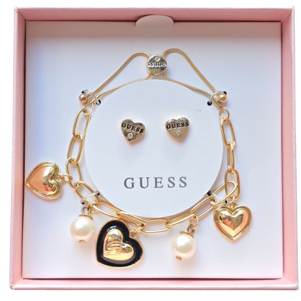 Set Guess Original Pulsera Ajustable Con Dijes Corazón + Aretes Dorados
