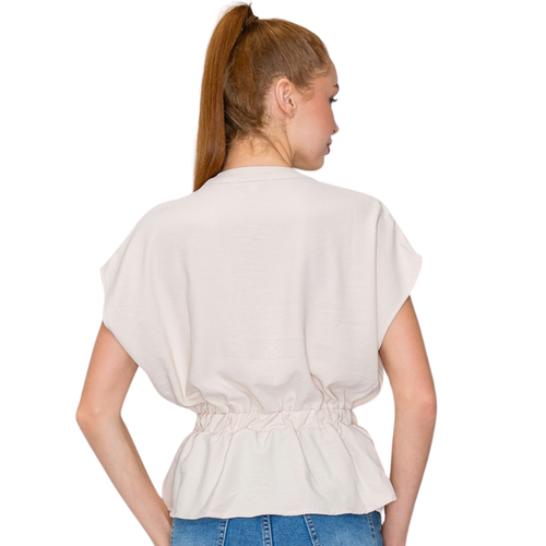 Blusa Beige Ligera con Ajuste en Cintura Manga Corta Elegante