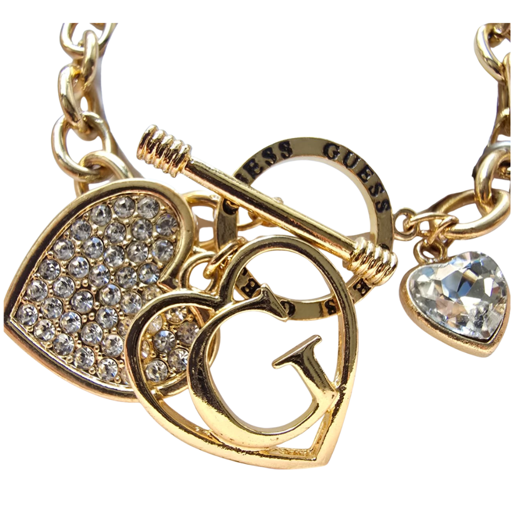 Set Guess Original Pulsera con Dijes Corazón Cristales + Aretes Dorados en Caja Original