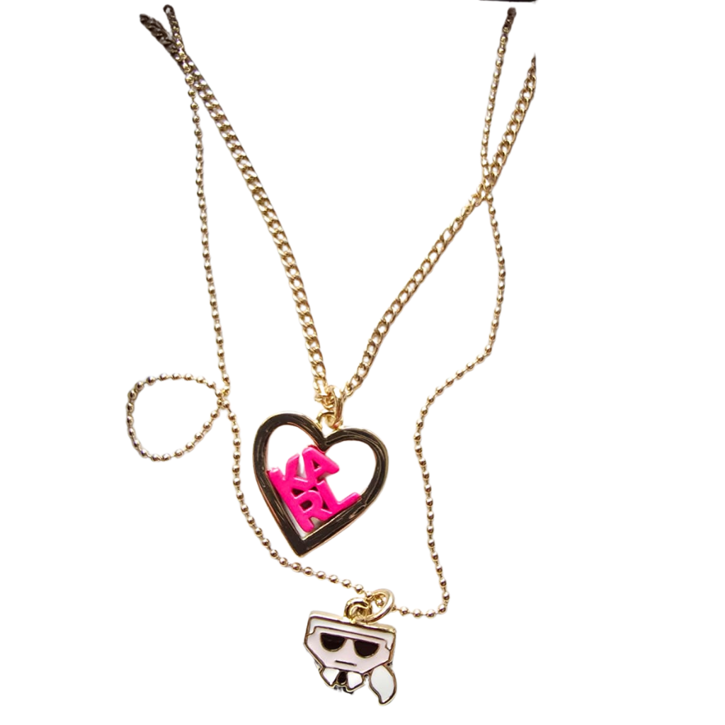 Set Karl Lagerfeld Original Collar Doble con Dije Corazón KARL + Aretes Corazón Rosa para Mujer