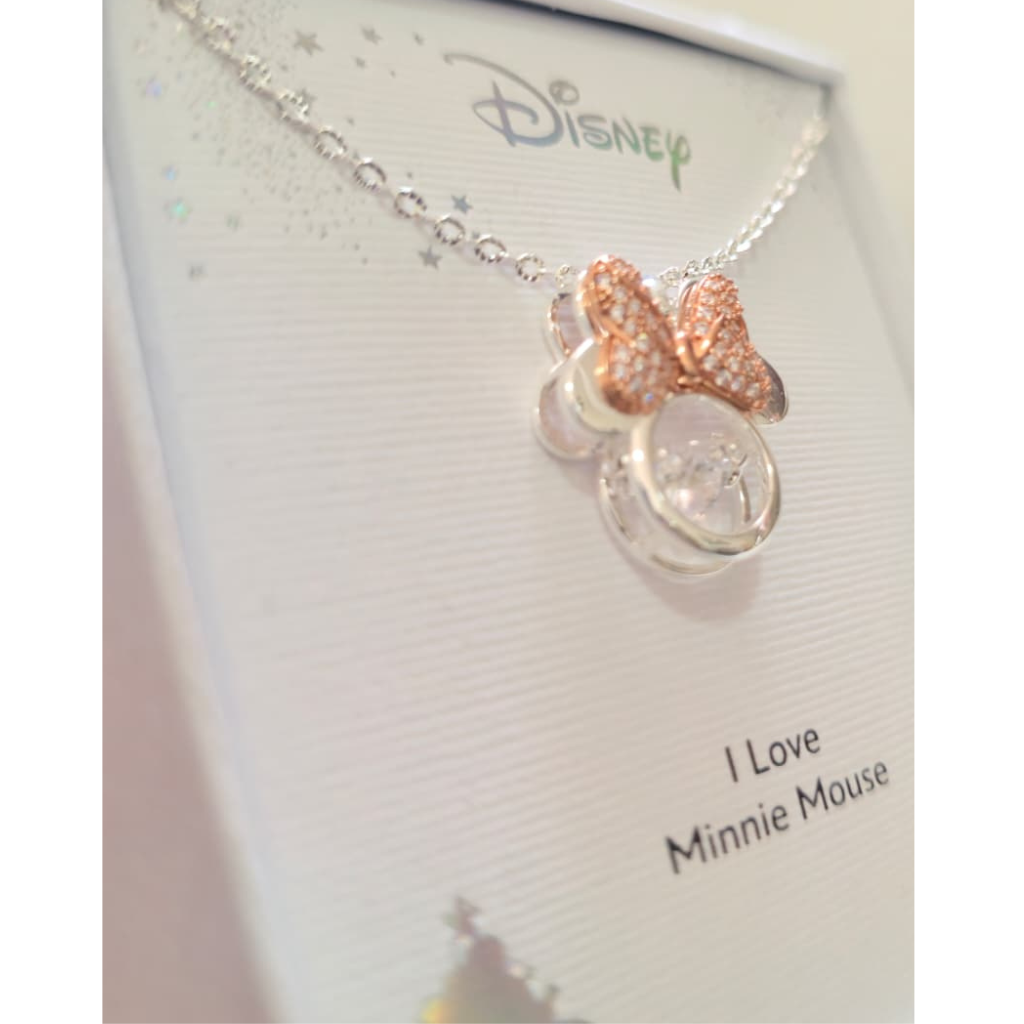Collar Disney Minnie Mouse Plateado con Moño Rose Gold y Cristal