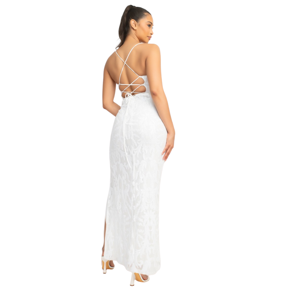 Vestido Largo Blanco con Encaje y Abertura Lateral