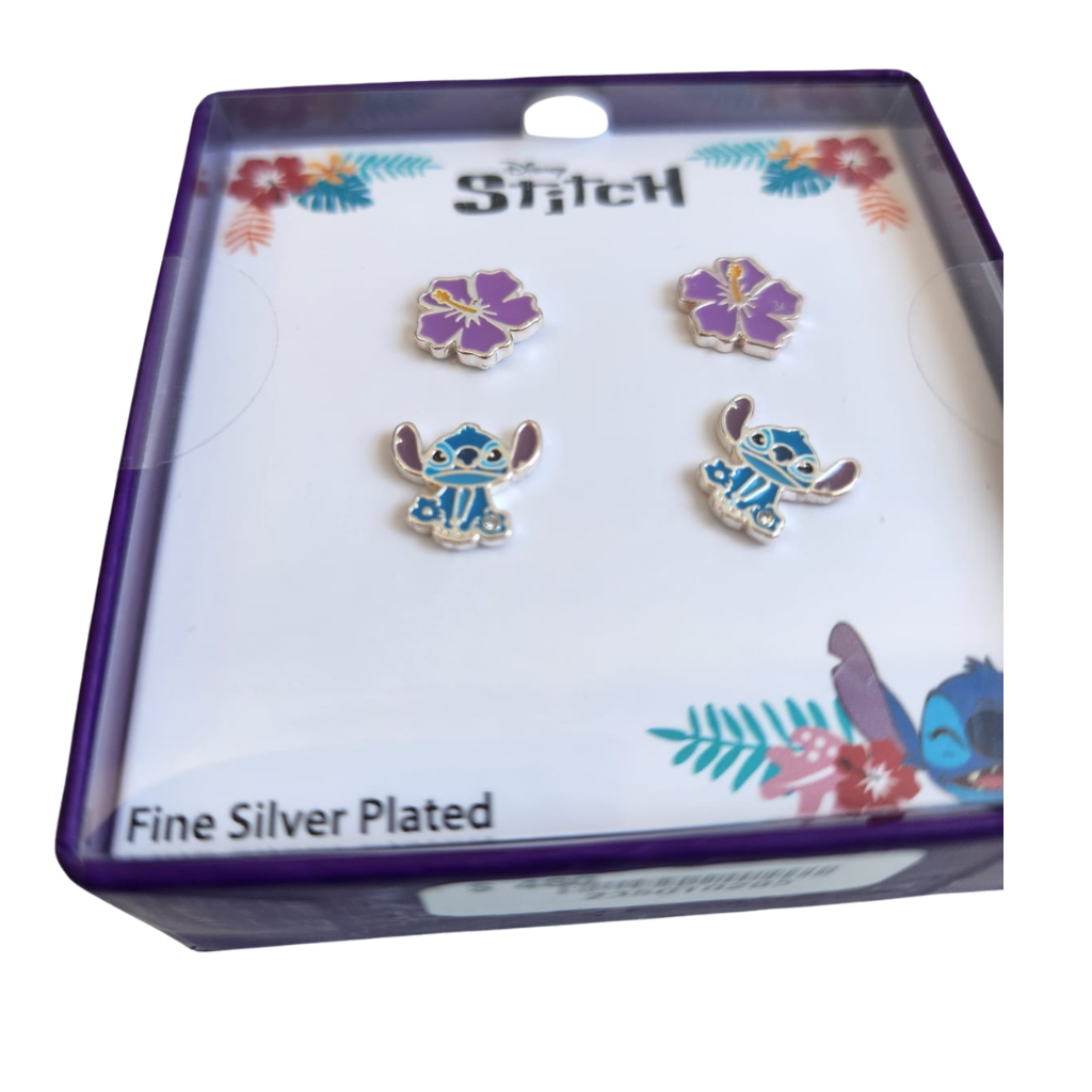 Set aretes Disney Stitch con diseño floral y Stitch plateado