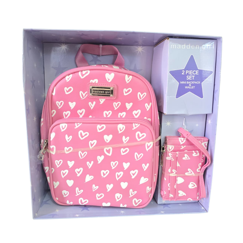Set Madden Girl Mini Mochila y Cartera Rosa con Corazones – 2 Piezas