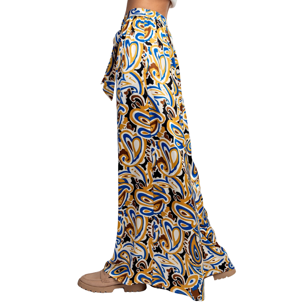 Pantalón Palazzo Estampado Retro Mostaza Azul