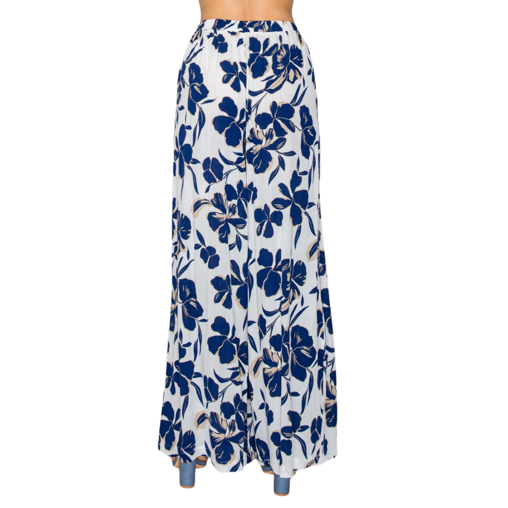 Pantalón Palazzo Blanco con Estampado Floral Azul
