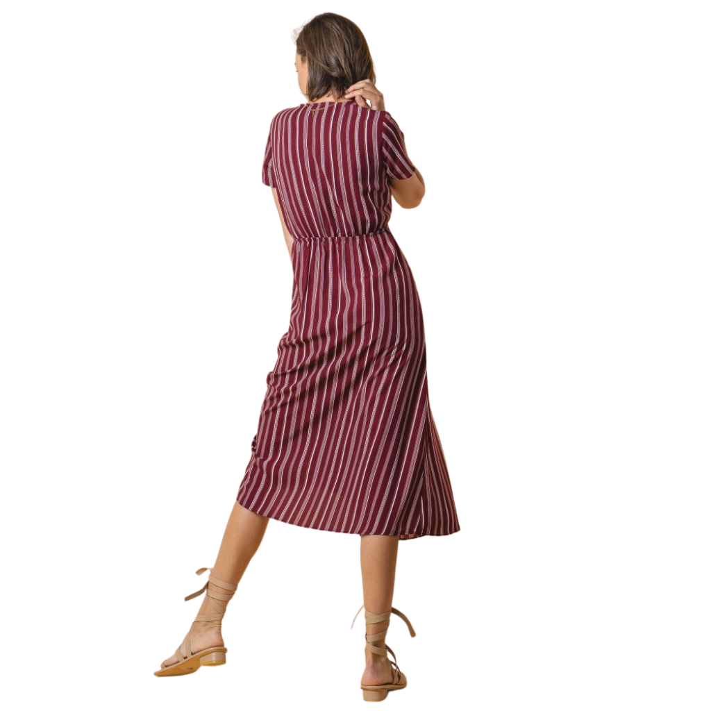 Vestido Midi Vino con Botones y Rayas Verticales