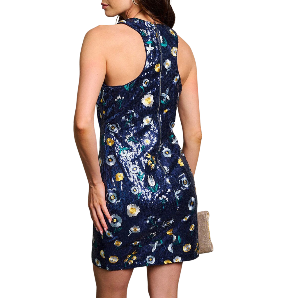 Vestido Recto Azul con Lentejuelas y Estampado Floral
