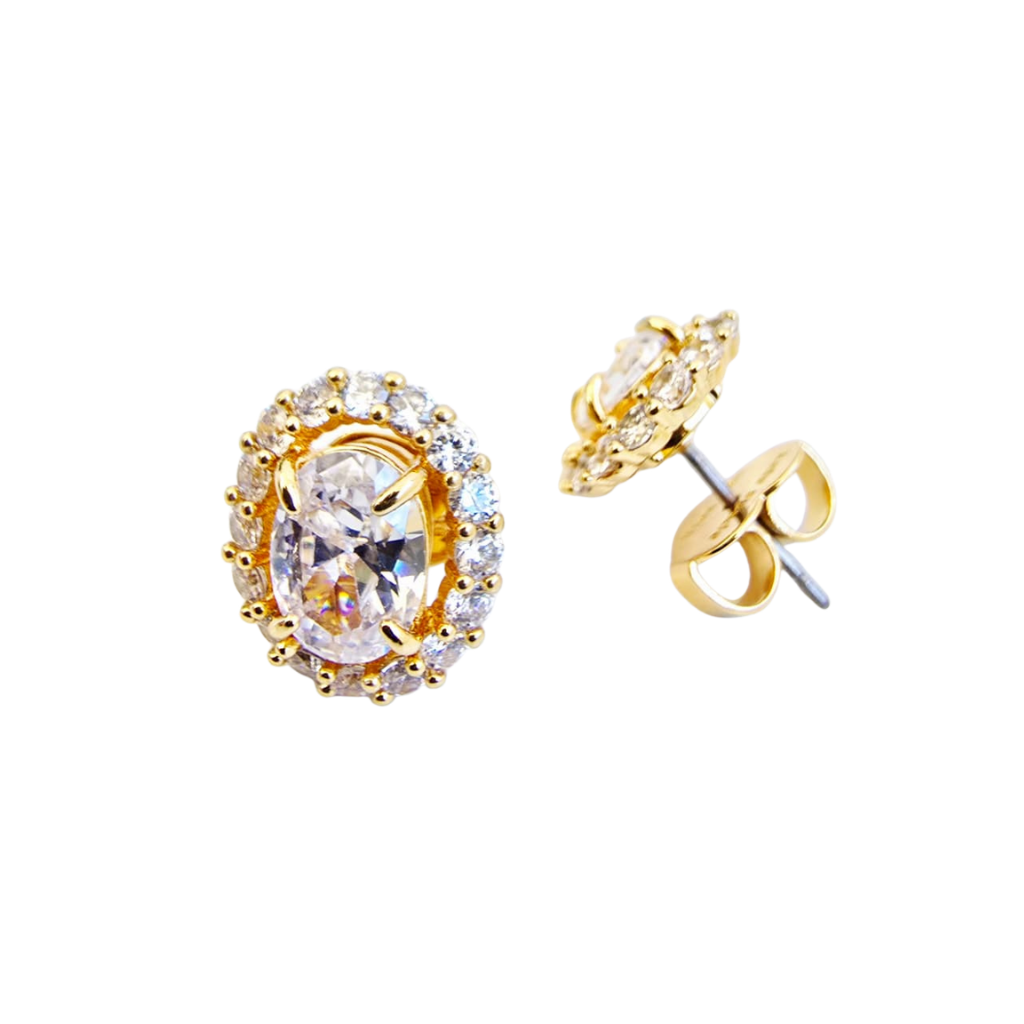 Aretes Kate Spade dorados con cristal ovalado y halo de zirconias