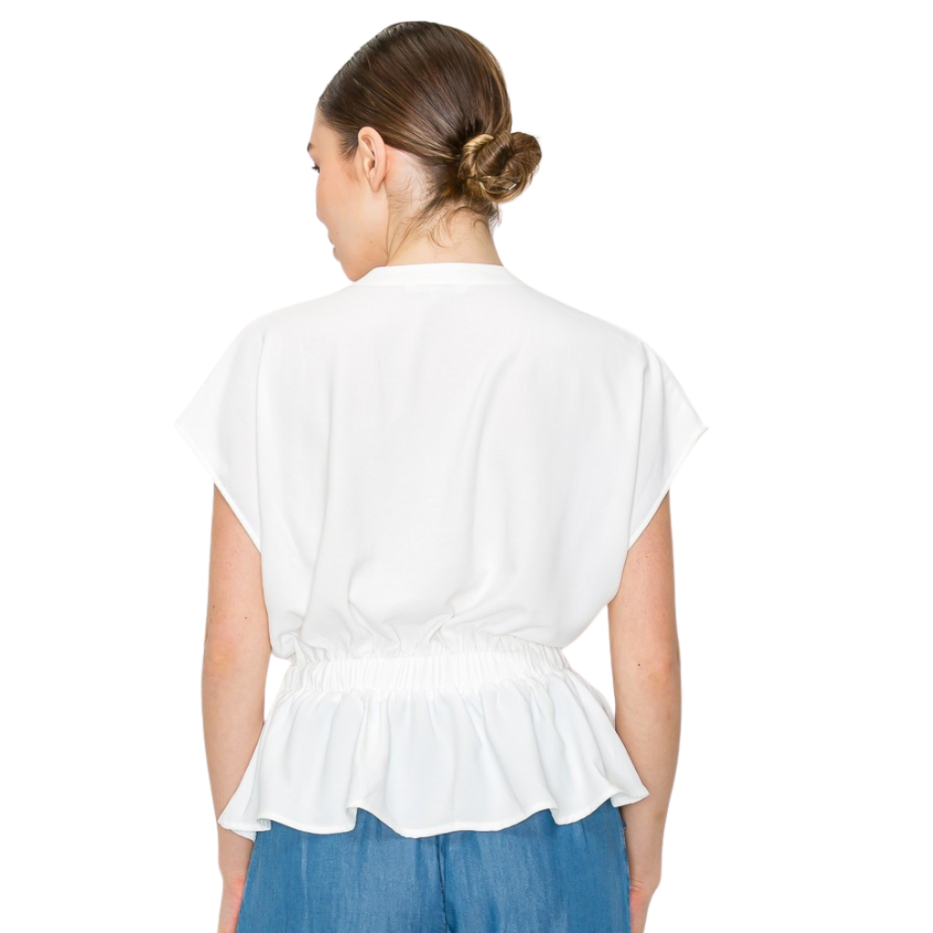 Blusa Blanca Ligera con Ajuste en Cintura Manga Corta Elegante