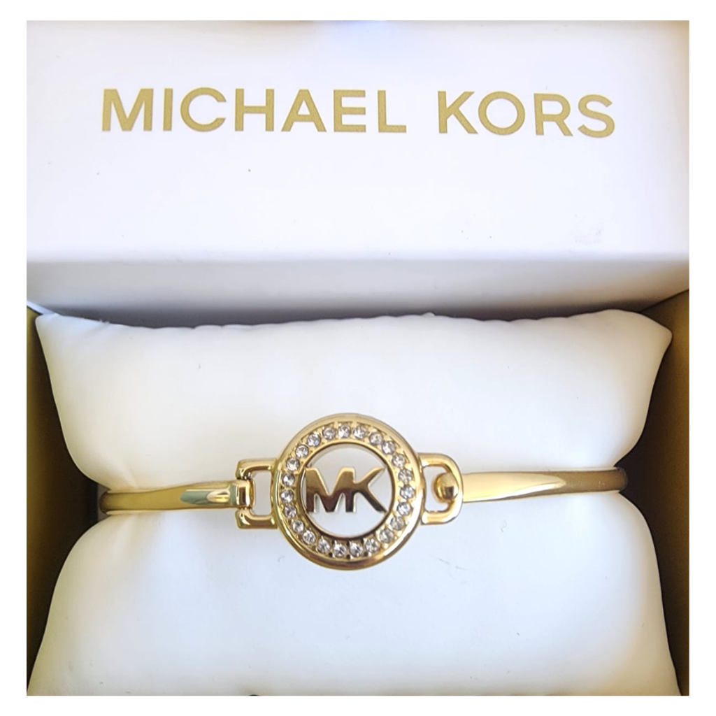 Pulsera rígida Michael Kors dorada con logo MK y cristales