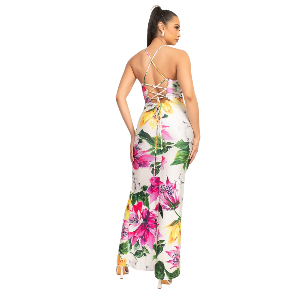 Vestido largo floral con espalda cruzada y abertura lateral