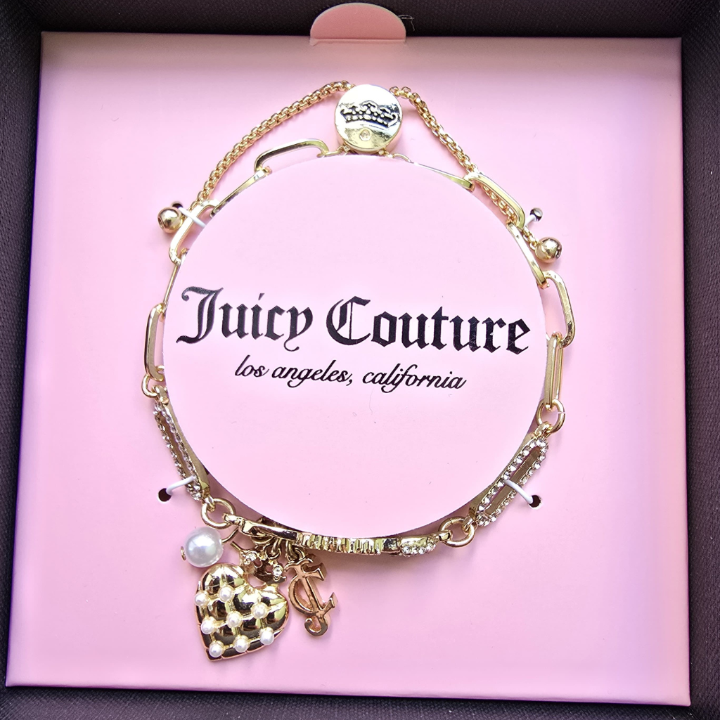 Pulsera Juicy Couture Dorada con Dijes Corazón y Perla | Original en Caja Rosa
