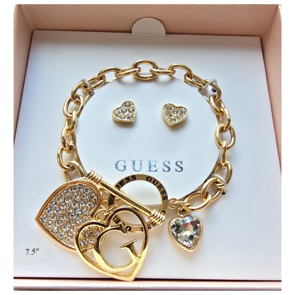 Set Guess Original Pulsera con Dijes Corazón Cristales + Aretes Dorados en Caja Original