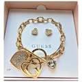 Set Guess Original Pulsera con Dijes Corazón Cristales + Aretes Dorados en Caja Original