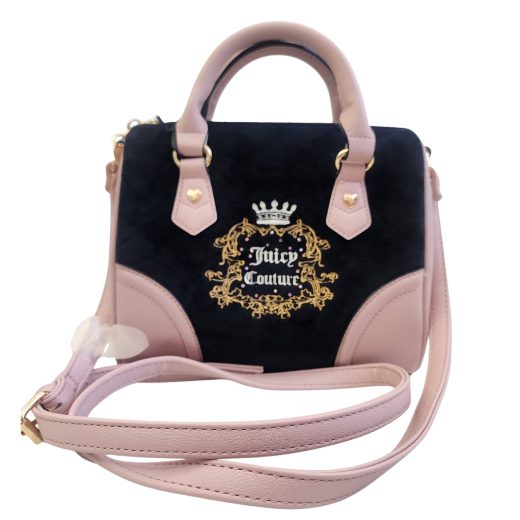 Bolsa Juicy Couture Velvet Satchel Negro y Rosa con Correa Ajustable