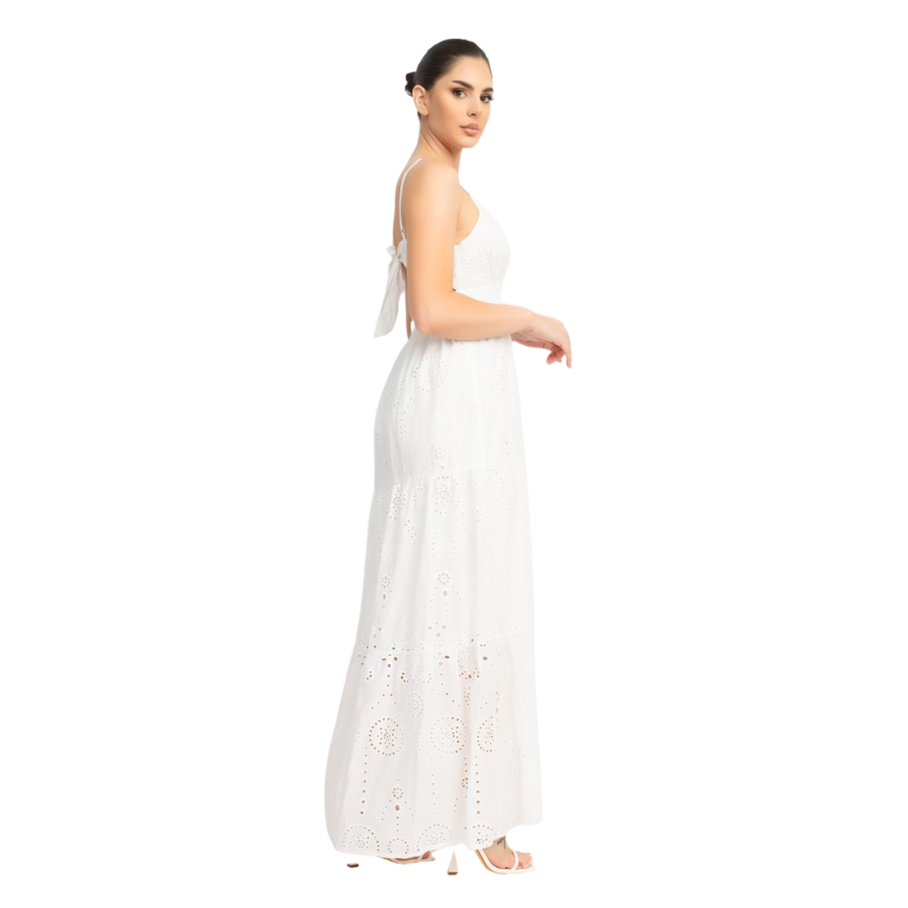 Vestido Largo Blanco Bordado con Espalda Descubierta
