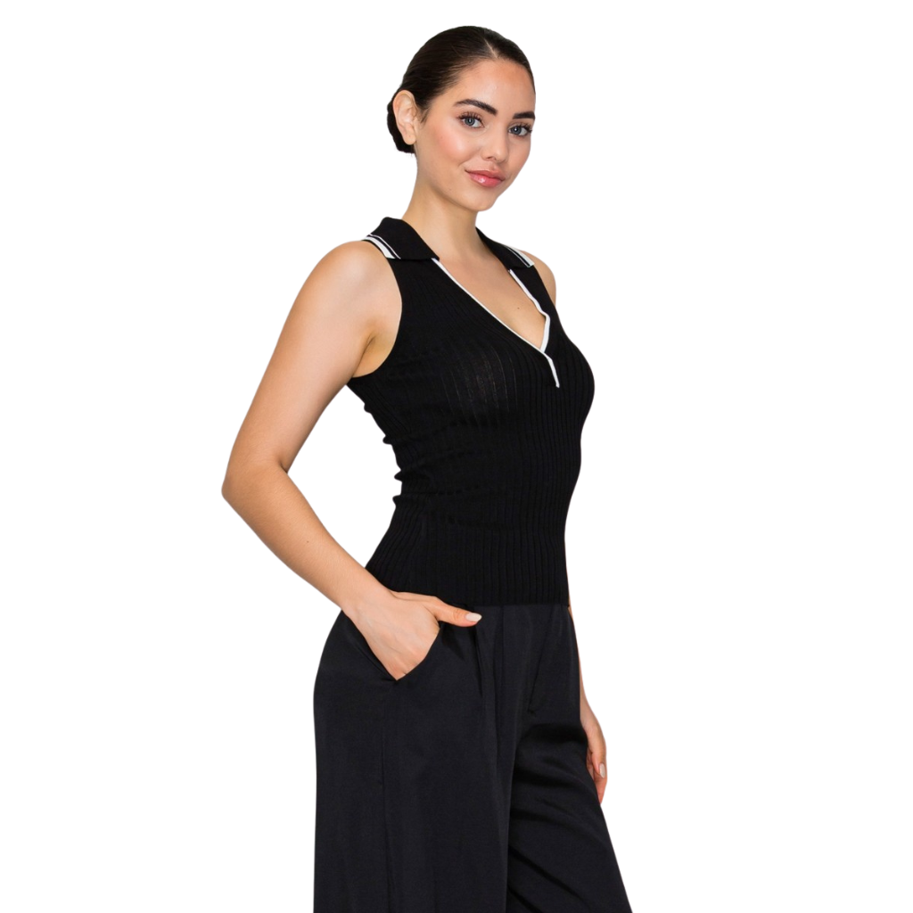 Blusa Negra Tejida Sin Manga Cuello Tipo Polo