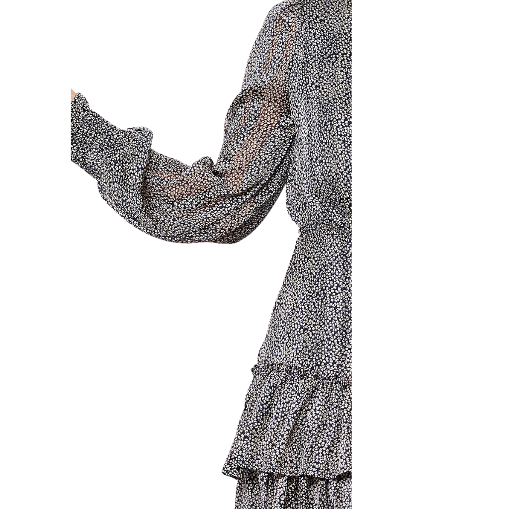 Vestido corto con mangas largas y volantes en capas estampado mini lunares