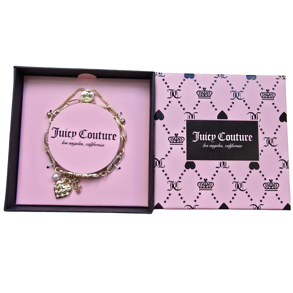 Pulsera Juicy Couture Dorada con Dijes Corazón y Perla | Original en Caja Rosa