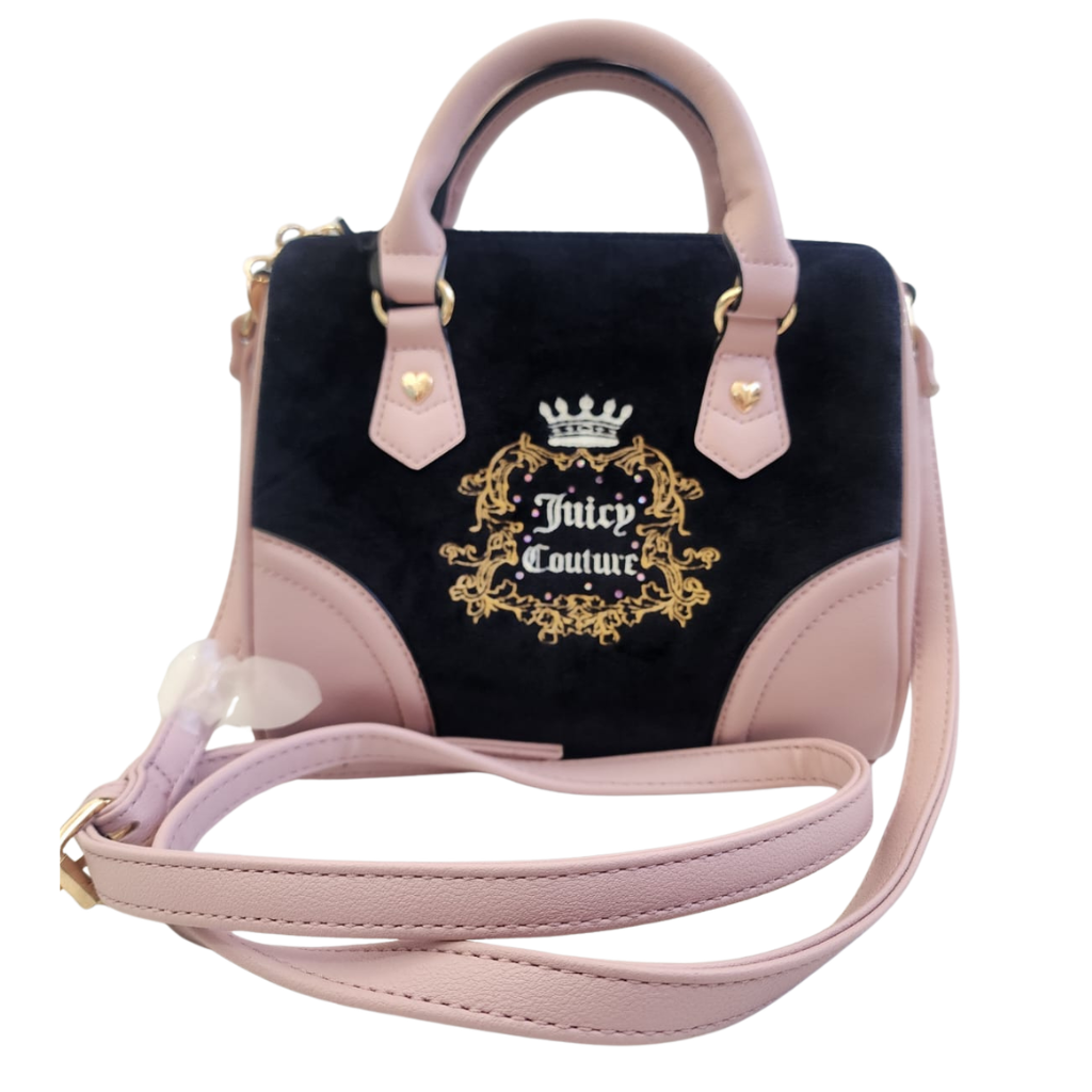 Bolsa Juicy Couture terciopelo negro con detalles rosa y correa ajustable