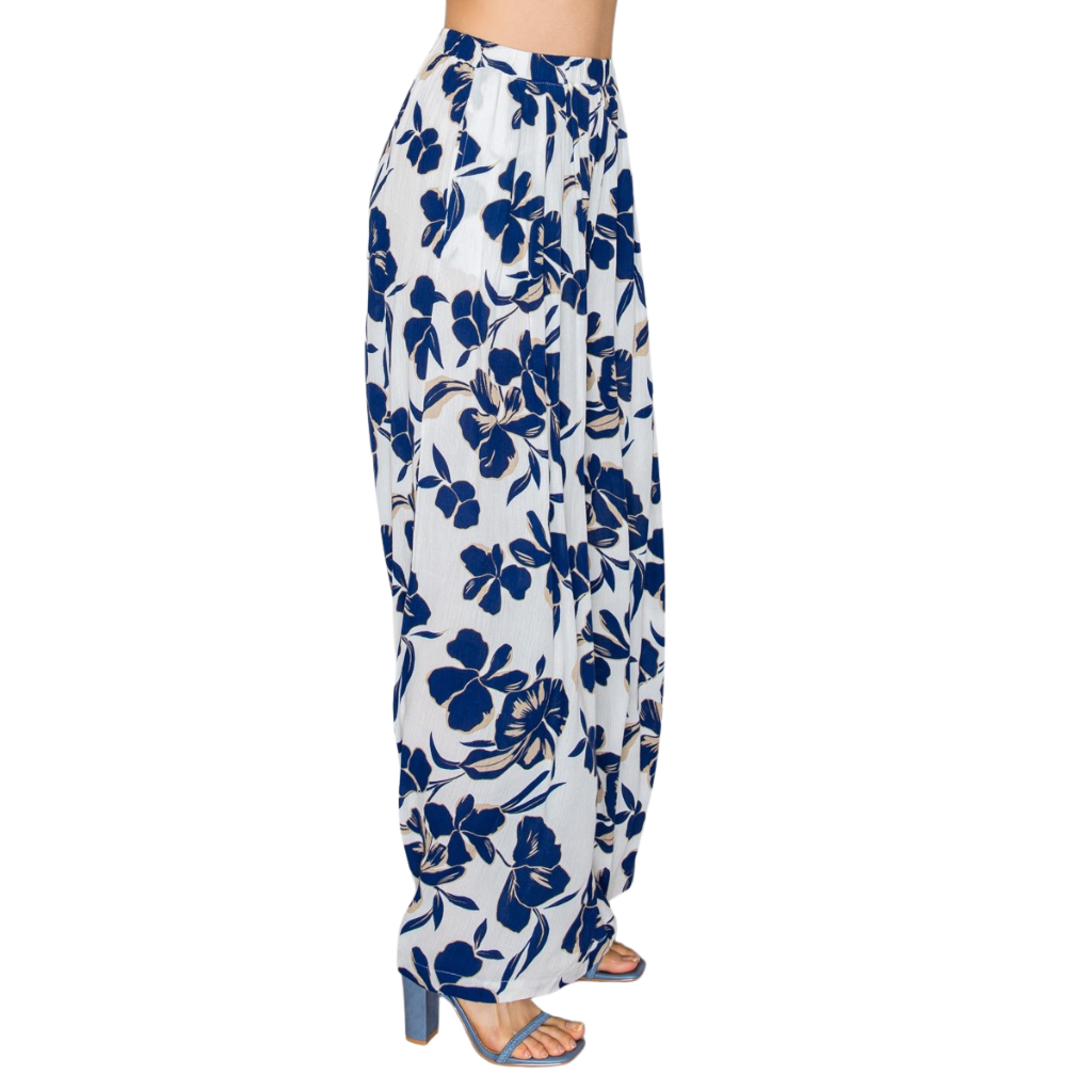 Pantalón Palazzo Blanco con Estampado Floral Azul