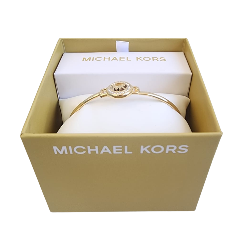 Pulsera rígida Michael Kors dorada con logo MK y cristales