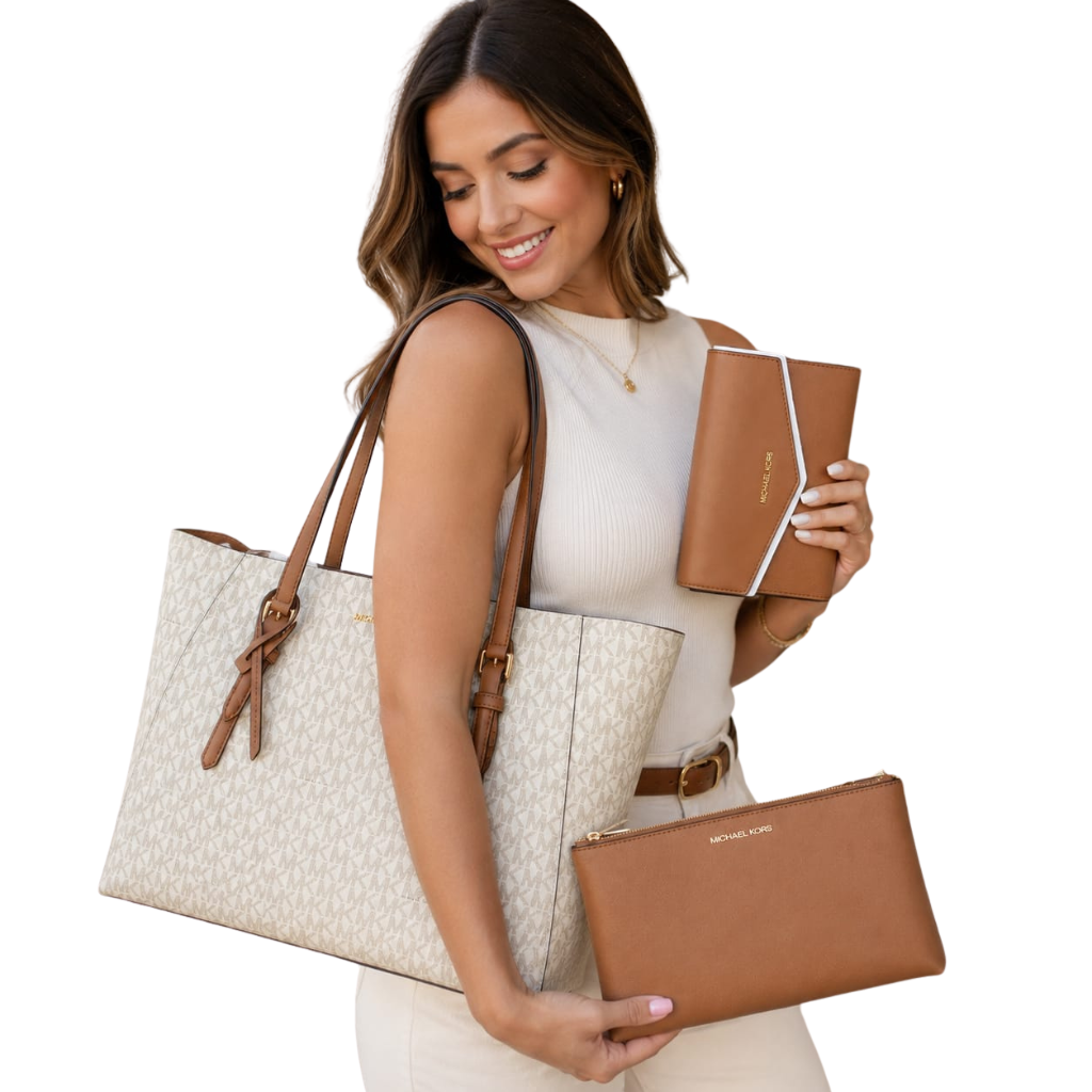 Bolsa Tote Michael Kors Original 3 en 1 Signature Vanilla con Cartera y Pouch Café