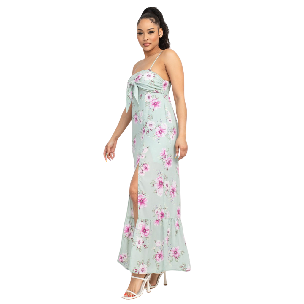 Vestido Largo Verde Floral con Abertura y Lazo