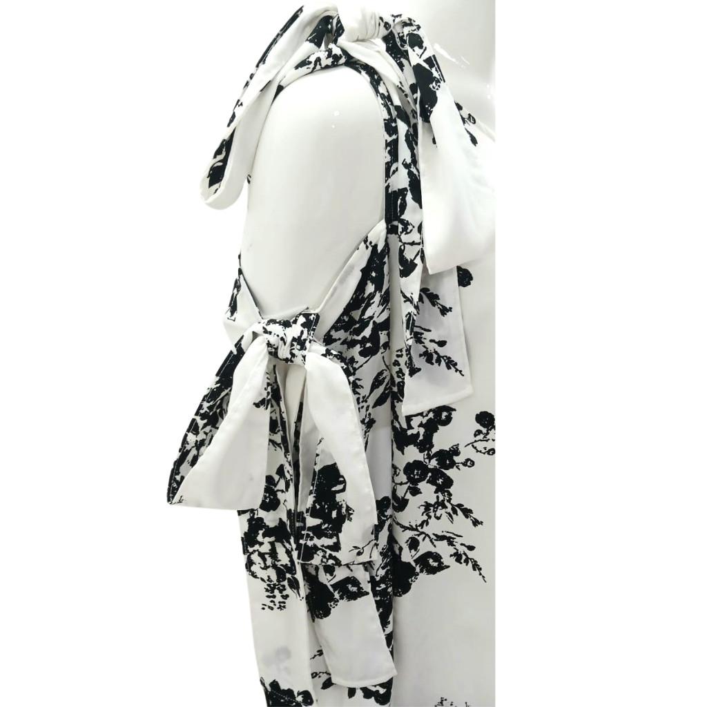Vestido asimétrico floral blanco y negro con moños laterales