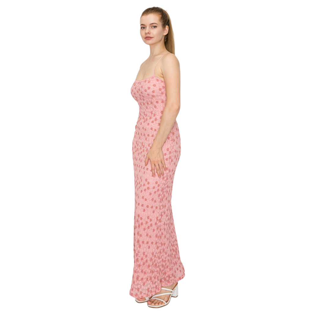 Vestido Largo Rosa Texturizado Elegante Con Tirantes