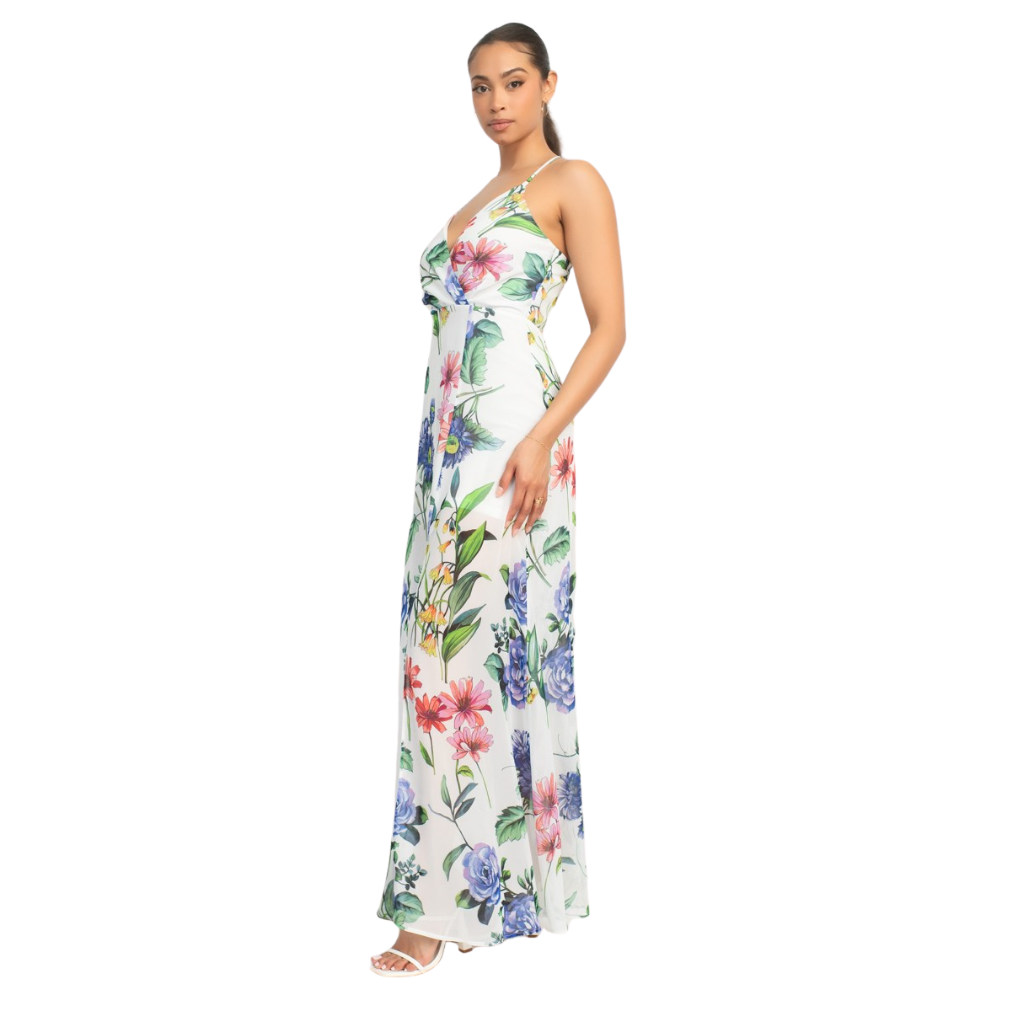 Vestido Largo Floral con Escote Cruzado y Abertura